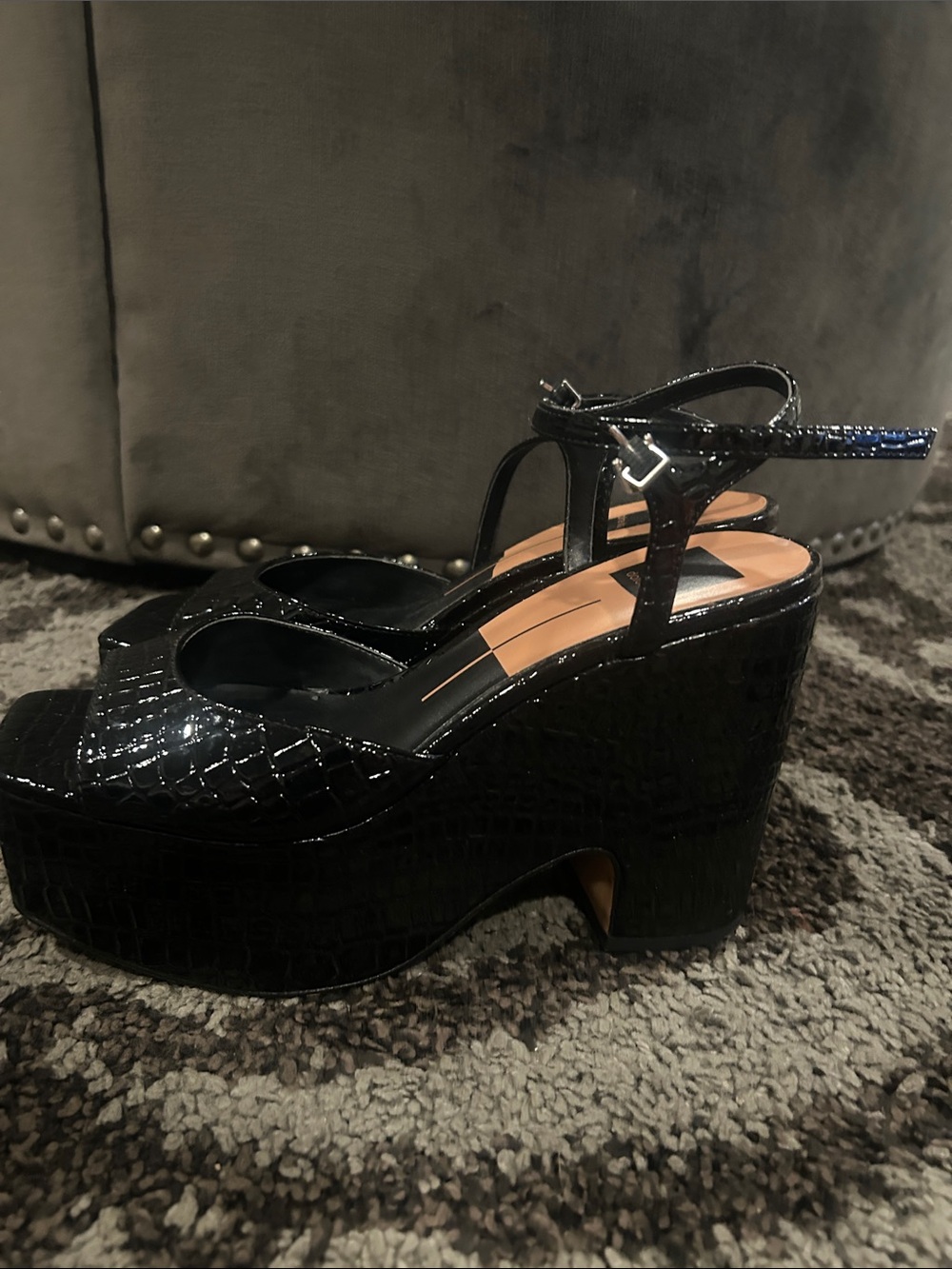 Dolce Vita Black Croc-Embossed Platform Slingbacks - Picture 2 of 7